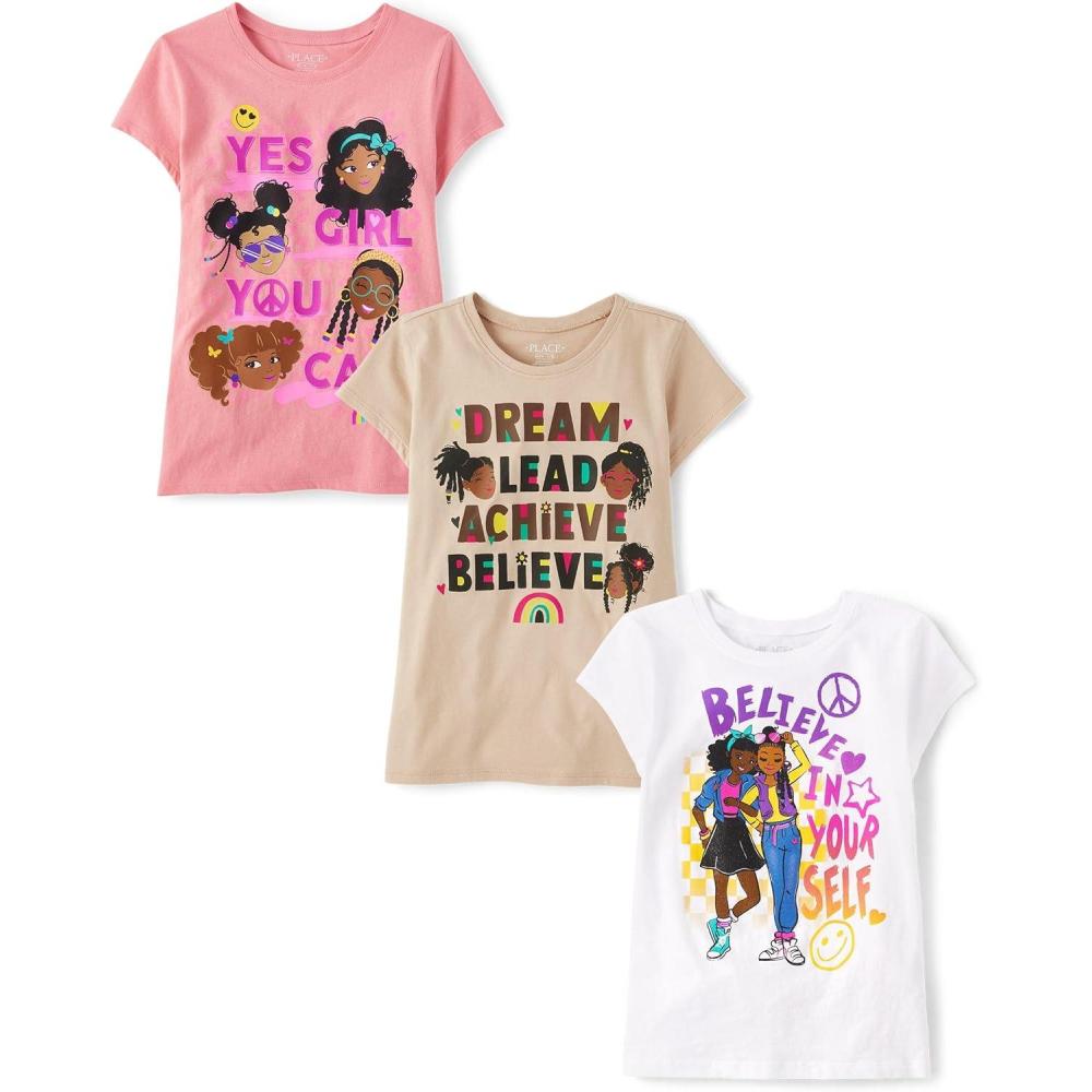 imageThe Childrens Place Girls All HolidaysBirthdays Short Sleeve Graphic TShirts3 PackDreamBelieveYes You Can