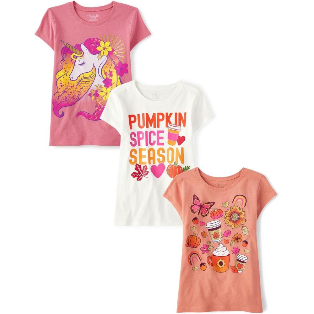 imageThe Childrens Place Girls All HolidaysBirthdays Short Sleeve Graphic TShirts3 PackUnicornPumpkin SpiceFall Icons