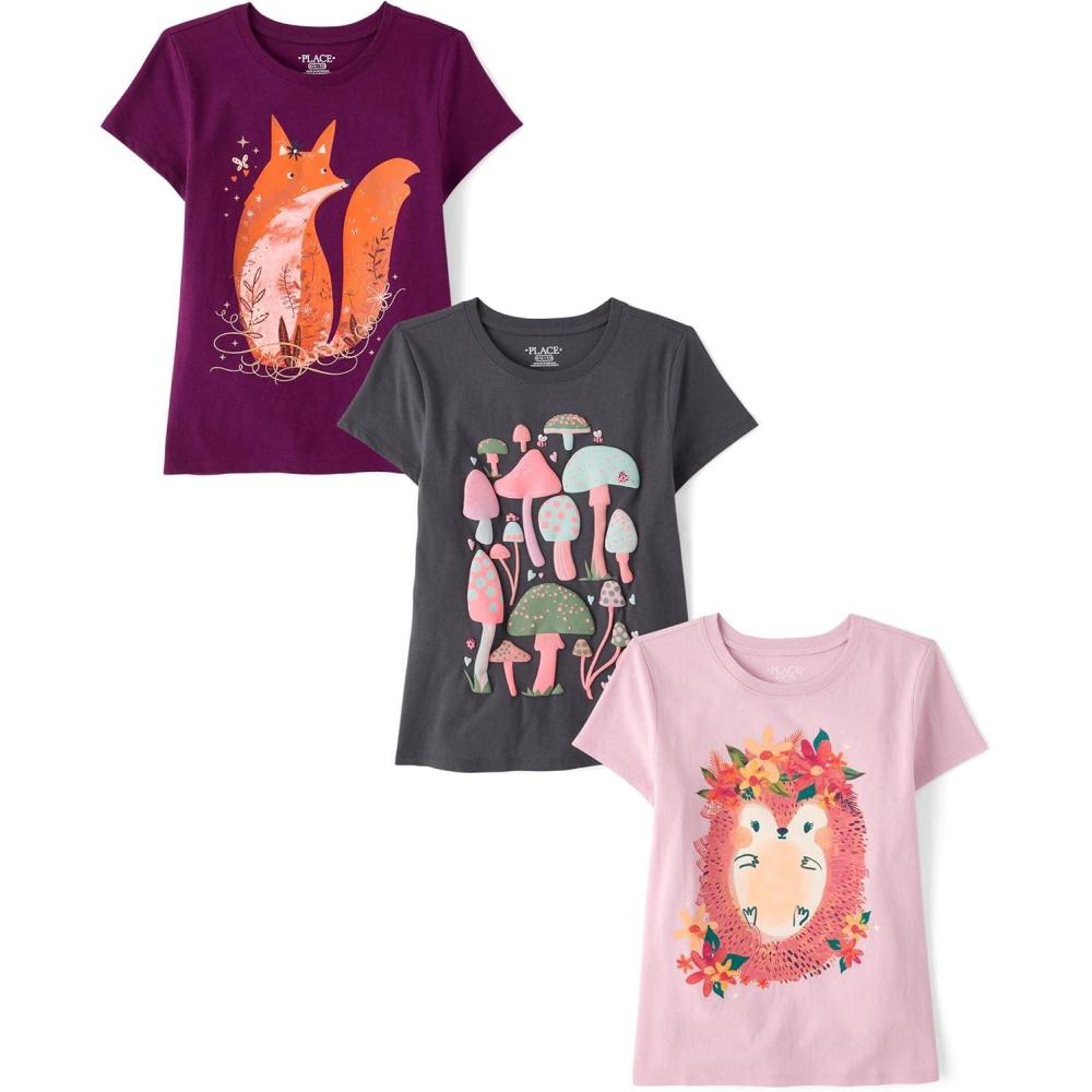 imageThe Childrens Place Girls Animal Short Sleeve Graphic TShirtsmultipacksHedgehogMushroomFox 3pack
