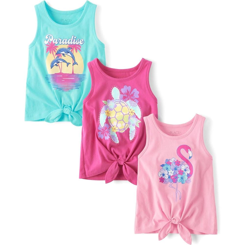 imageThe Childrens Place Girls Assorted Sleeveless Tie Front Tank TopsTurtleDolphinFlamingo 3pack