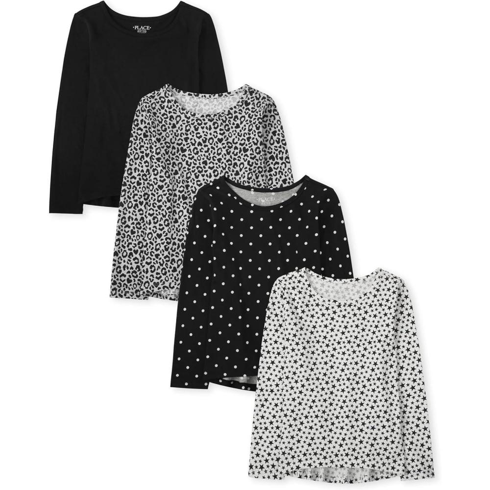 imageThe Childrens Place Girls Long Sleeve High Low TopsBlack Multi 4pack