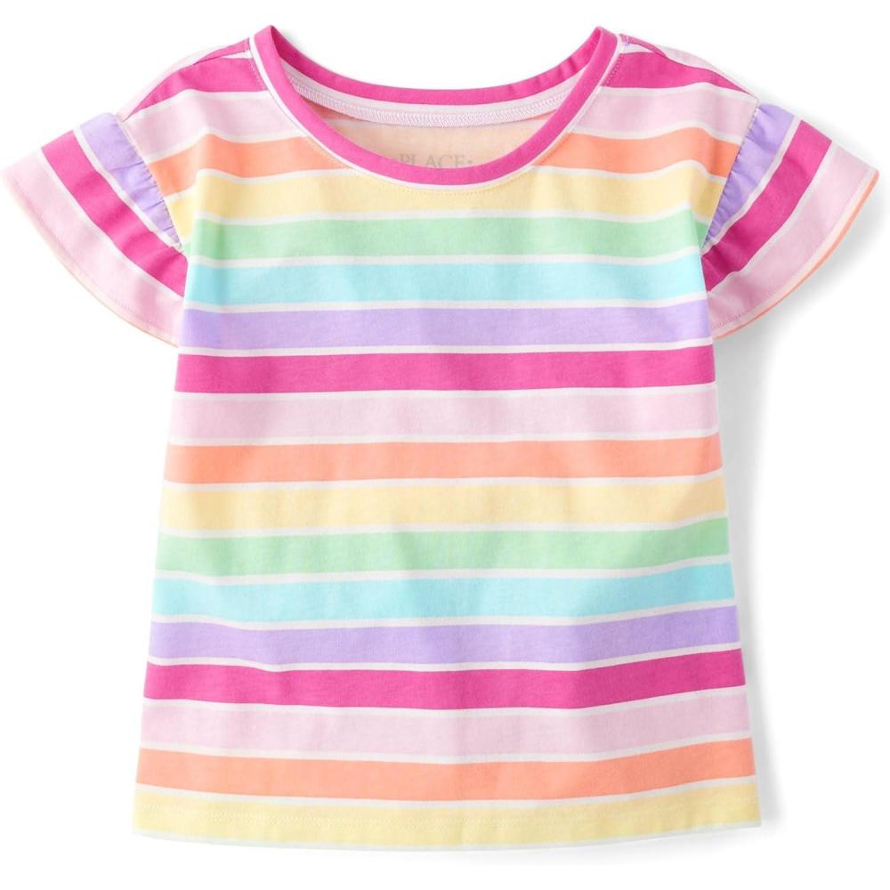 imageThe Childrens Place Girls Short Sleeve Ruffle Print TopMulticolor Stripe