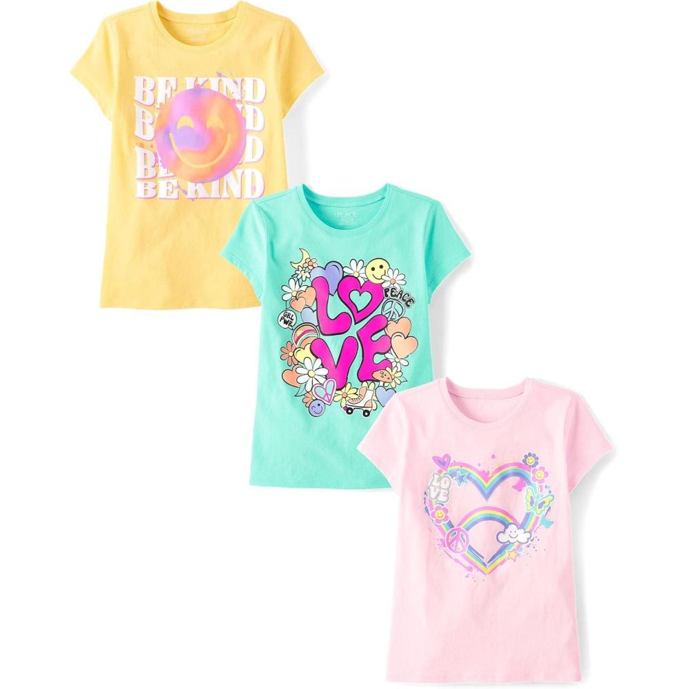 imageThe Childrens Place Girls SportsTrendsIcons Short Sleeve Graphic TShirts3 PackBe KindLoveRainbow Heart