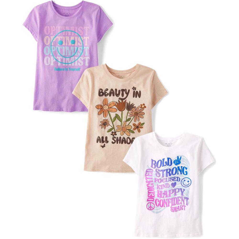 imageThe Childrens Place Girls SportsTrendsIcons Short Sleeve Graphic TShirts3 PackBeautyPositiveOptimist