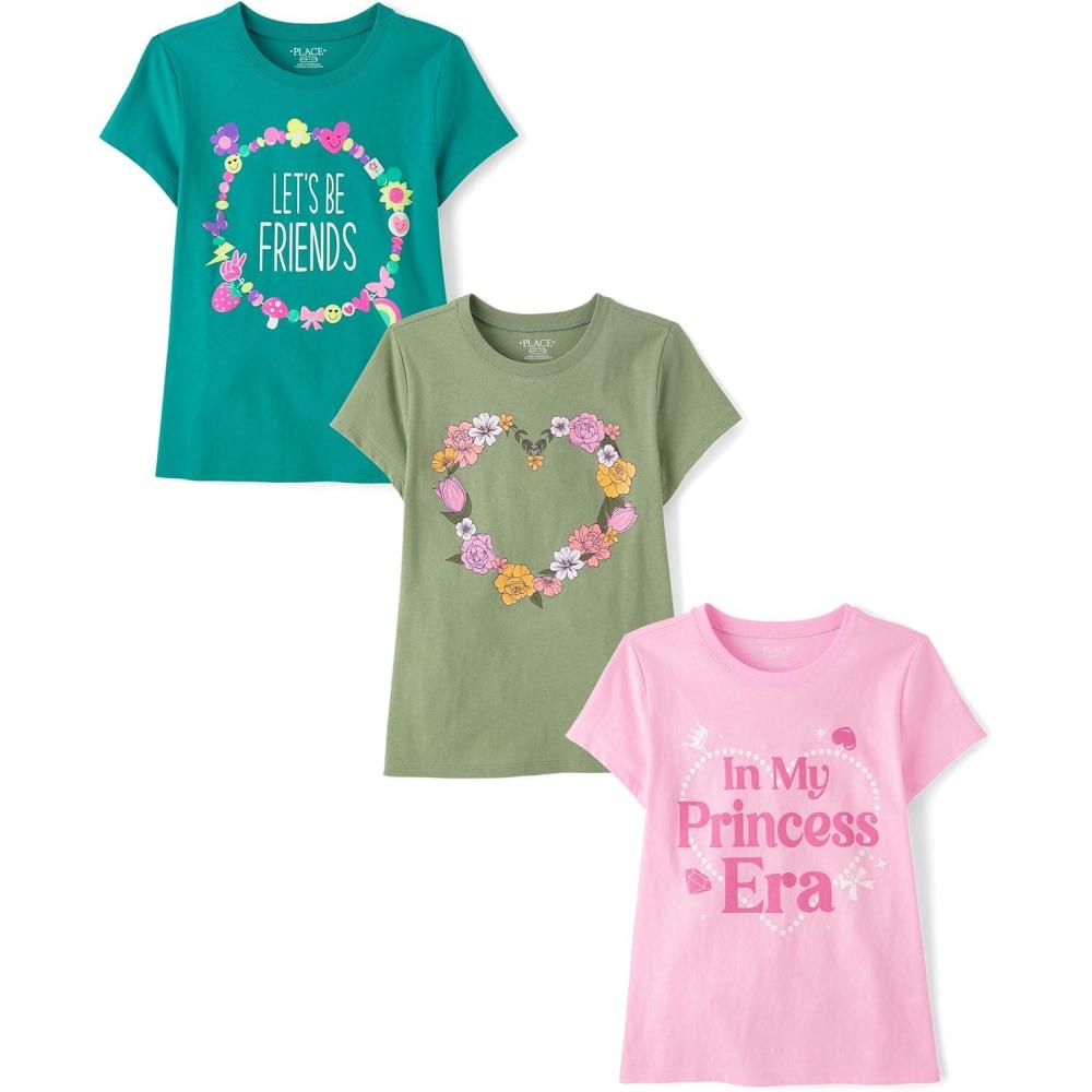 imageThe Childrens Place Girls SportsTrendsIcons Short Sleeve Graphic TShirts3 PackFriendsFloral HeartPrincess Era