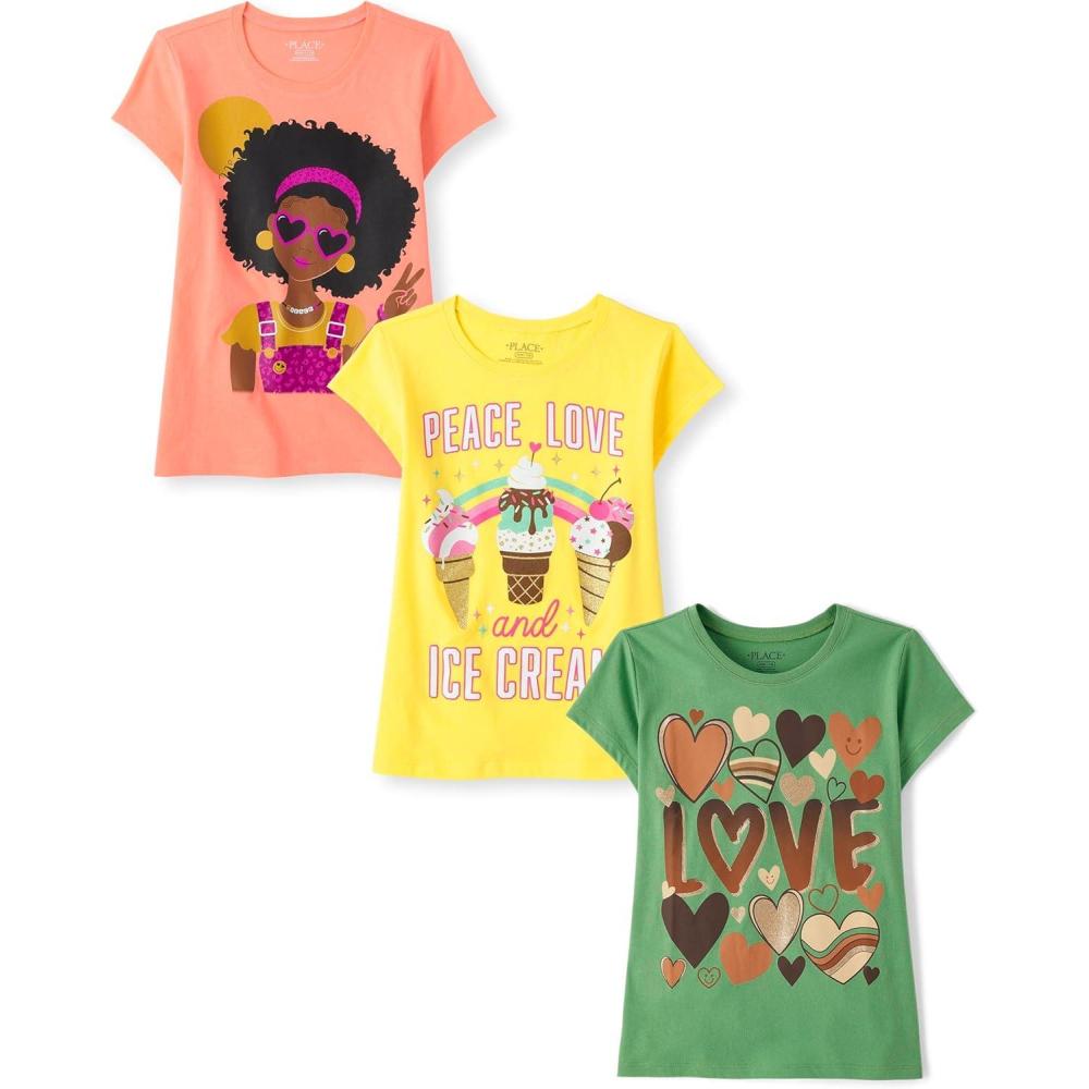 imageThe Childrens Place Girls SportsTrendsIcons Short Sleeve Graphic TShirts3 PackLove Ice CreamGirl PeaceLove