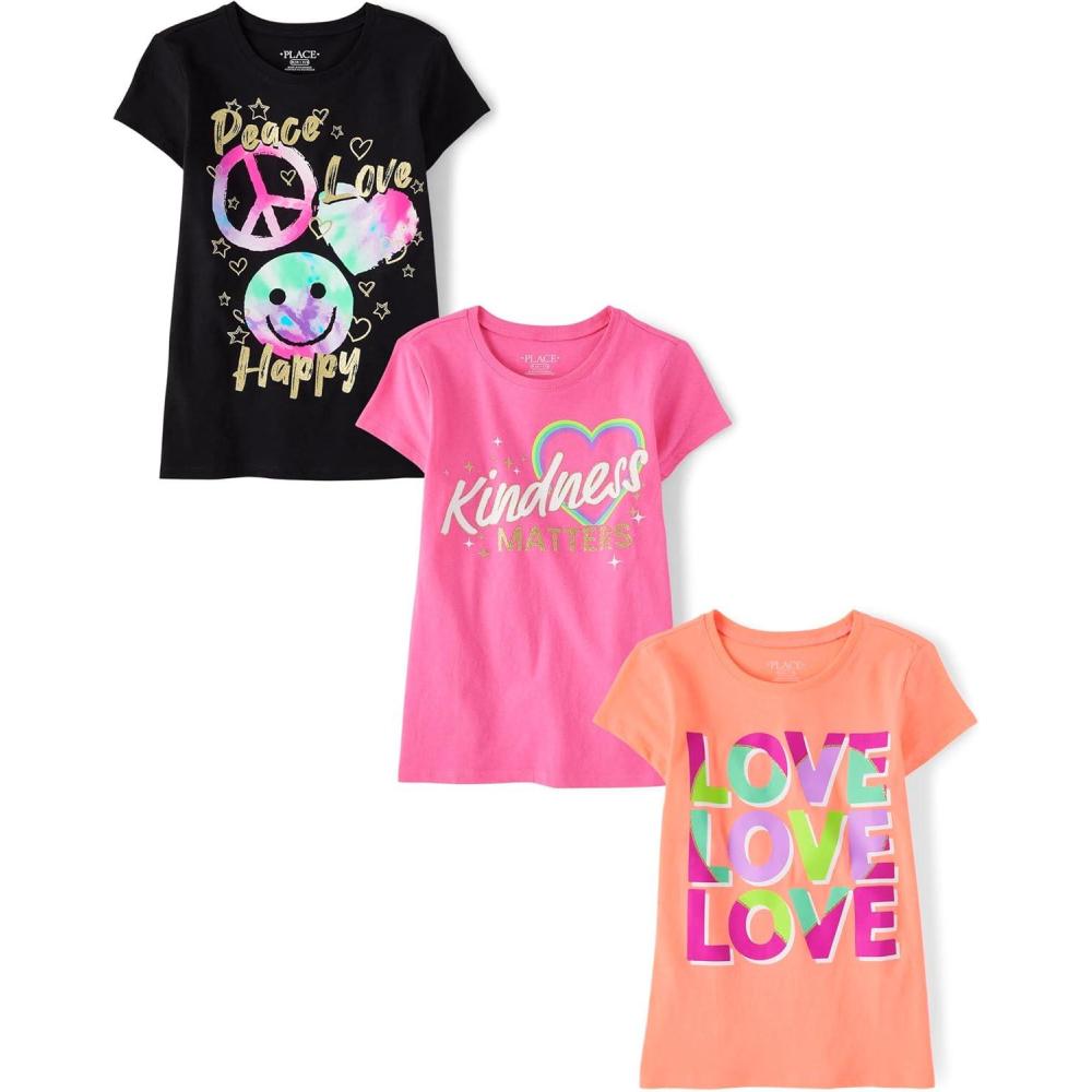 imageThe Childrens Place Girls SportsTrendsIcons Short Sleeve Graphic TShirts3 PackLoveKindnessPeace