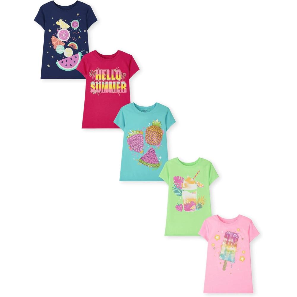 imageThe Childrens Place Girls Trends Icons Short Sleeve Graphic Tshirts 5PackHello Summer