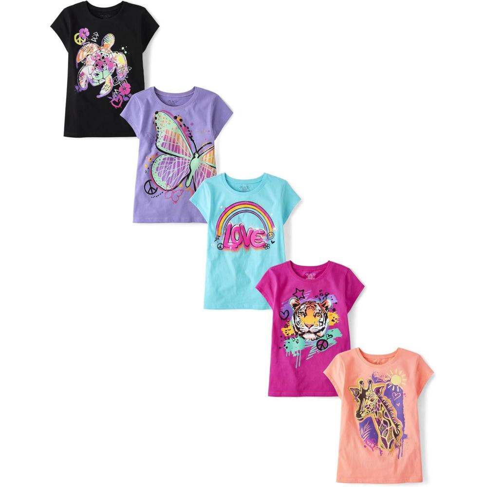 imageThe Childrens Place Girls Trends Icons Short Sleeve Graphic Tshirts 5PackLoveButterflySea TurtleGiraffe