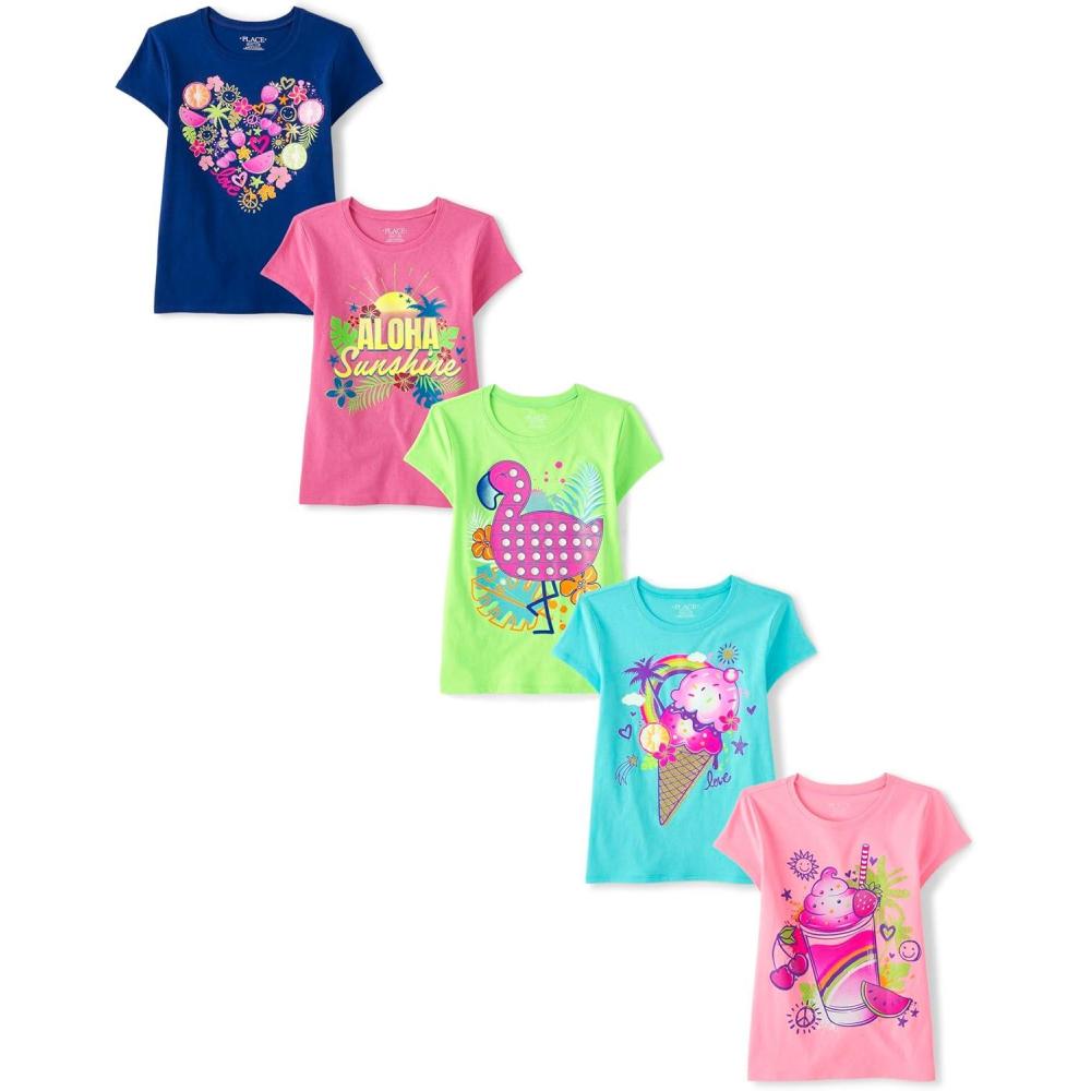 imageThe Childrens Place Girls Trends Icons Short Sleeve Graphic Tshirts 5PackNew Summer