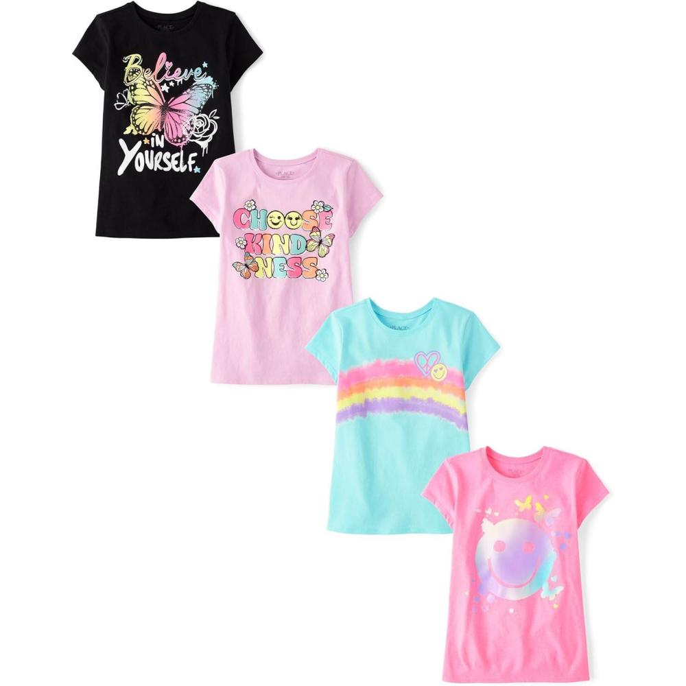 imageThe Childrens Place Girls TrendsIcons Short Sleeve Graphic TShirts4 PackRainbow PaintKindnessBelieveRainbow