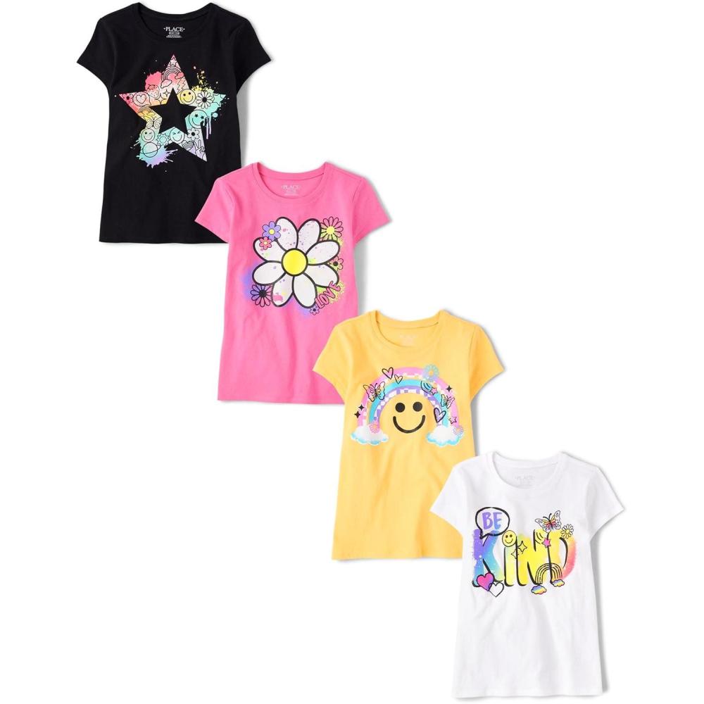 imageThe Childrens Place Girls TrendsIcons Short Sleeve Graphic TShirts4 PackStarBe KindDaisy