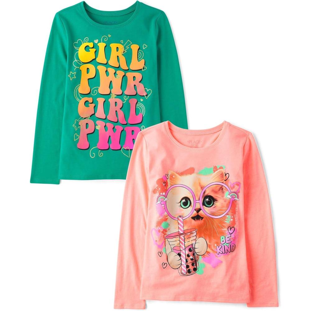 imageThe Childrens Place Girls UnicornsSportsButterflies Long Sleeve Graphic TShirts2 PackCat GlassesGirl Pwr