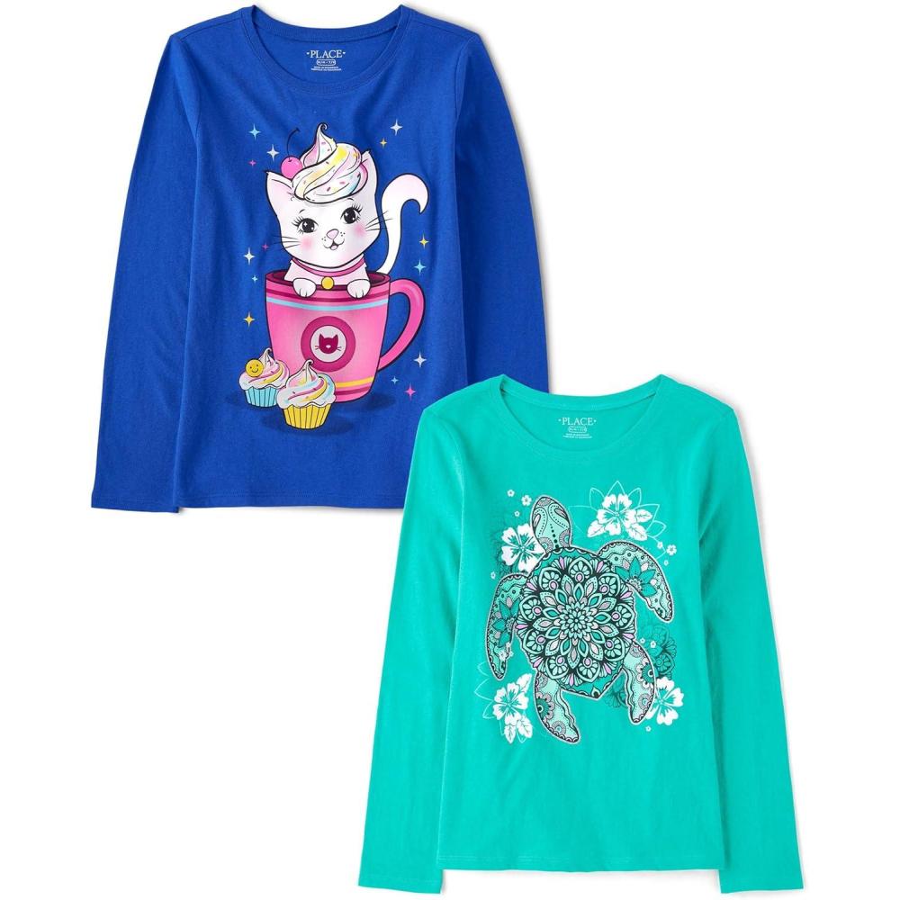 imageThe Childrens Place Girls UnicornsSportsButterflies Long Sleeve Graphic TShirts2 PackCat MugTurtle