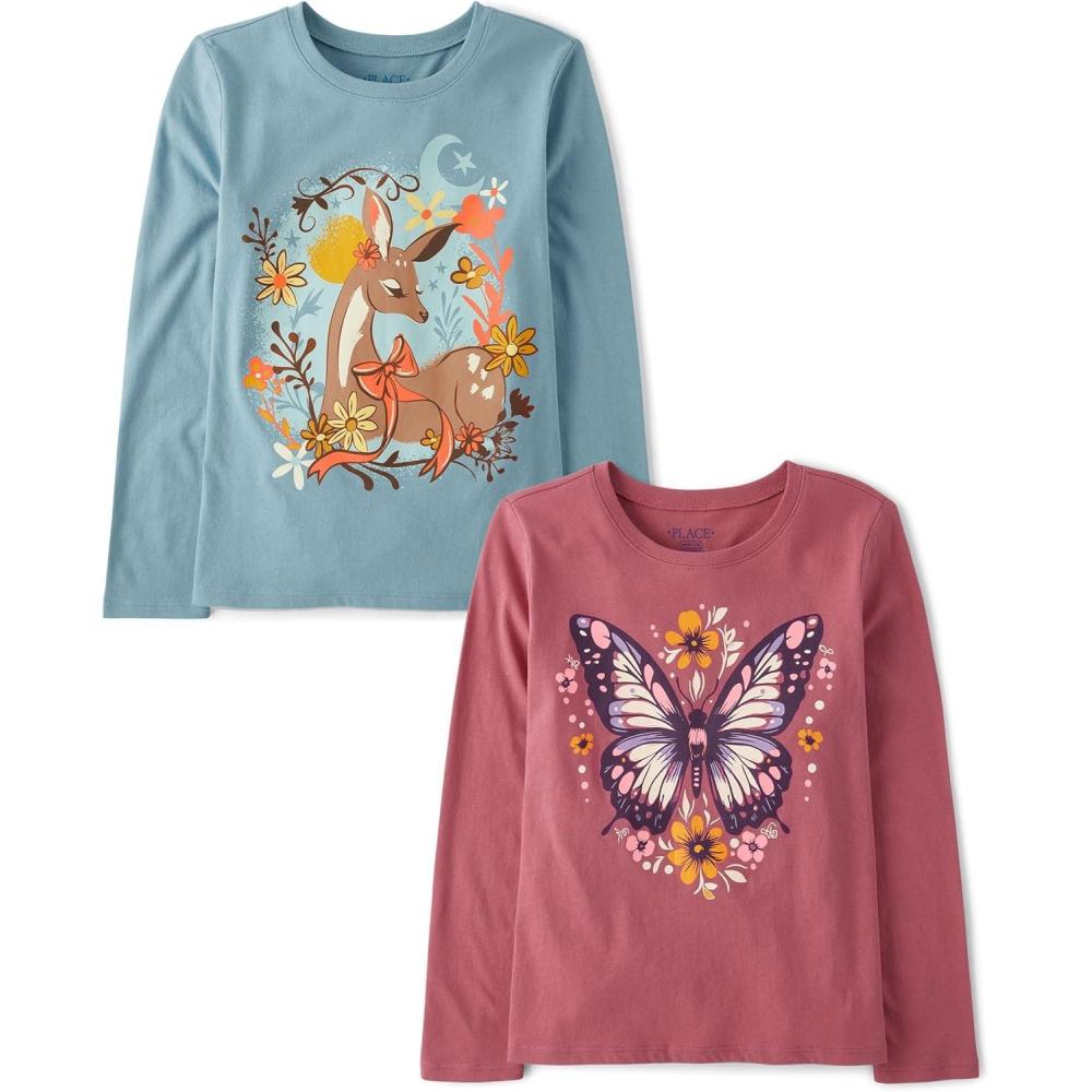 imageThe Childrens Place Girls UnicornsSportsButterflies Long Sleeve Graphic TShirts2 PackDeerButterfly