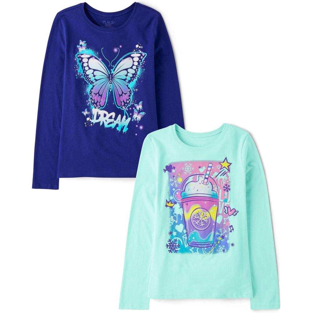 imageThe Childrens Place Girls UnicornsSportsButterflies Long Sleeve Graphic TShirts2 PackMilkshakeDream