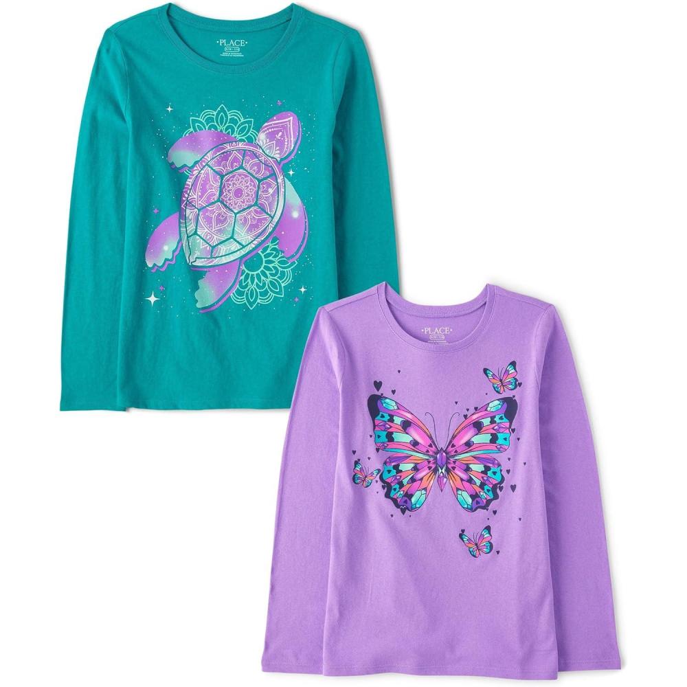 imageThe Childrens Place Girls UnicornsSportsButterflies Long Sleeve Graphic TShirts2 PackTurtleButterfly