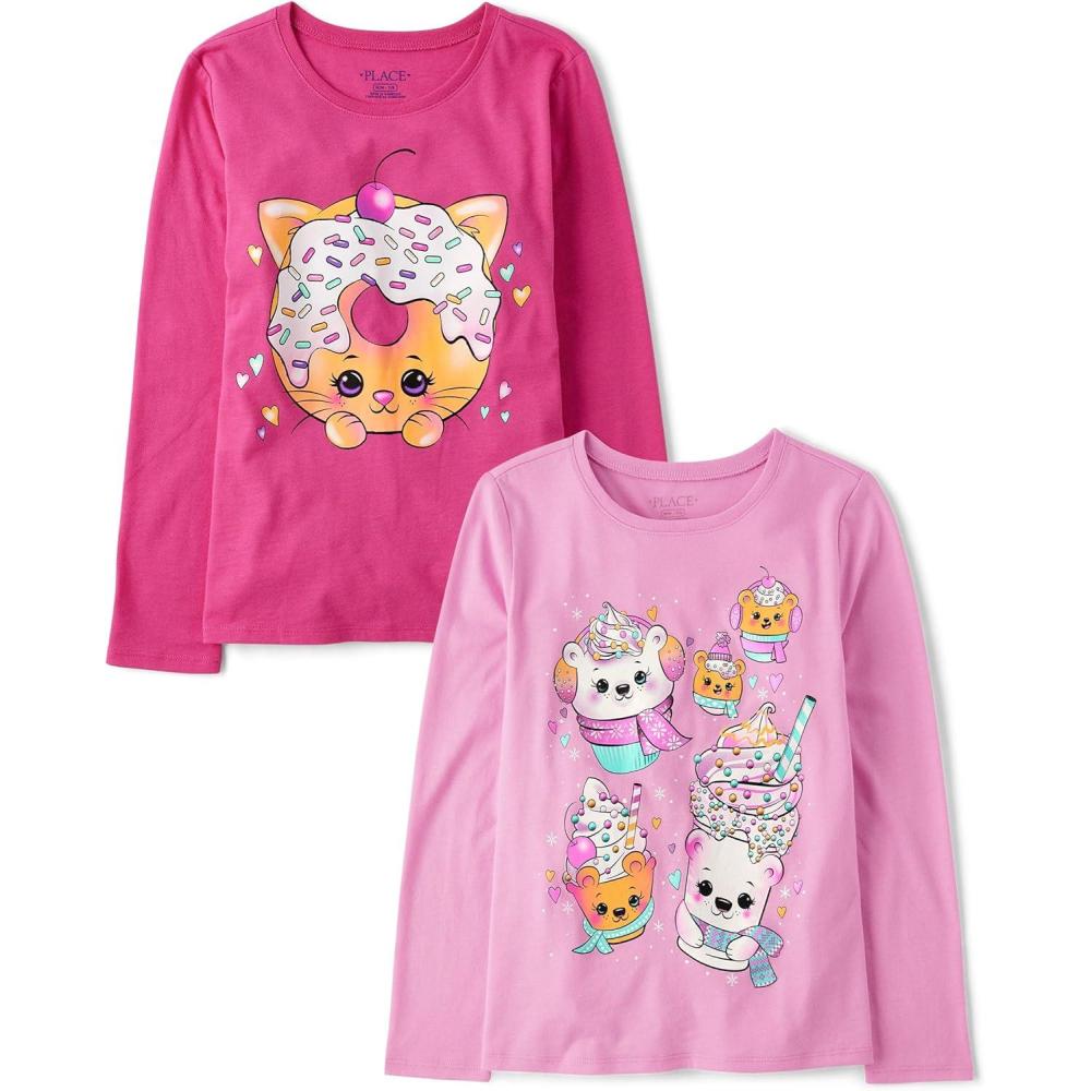 imageThe Childrens Place Girls UnicornsSportsButterflies Long Sleeve Graphic TShirts2 PackWinter DessertCat Doughnut
