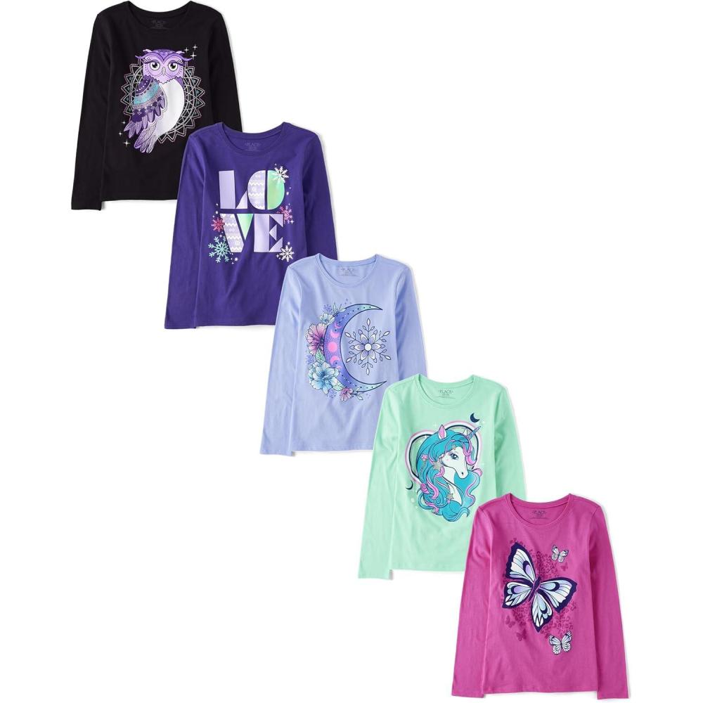 imageThe Childrens Place Girls UnicornsSportsButterflies Long Sleeve Graphic TShirts5 PackAnimals