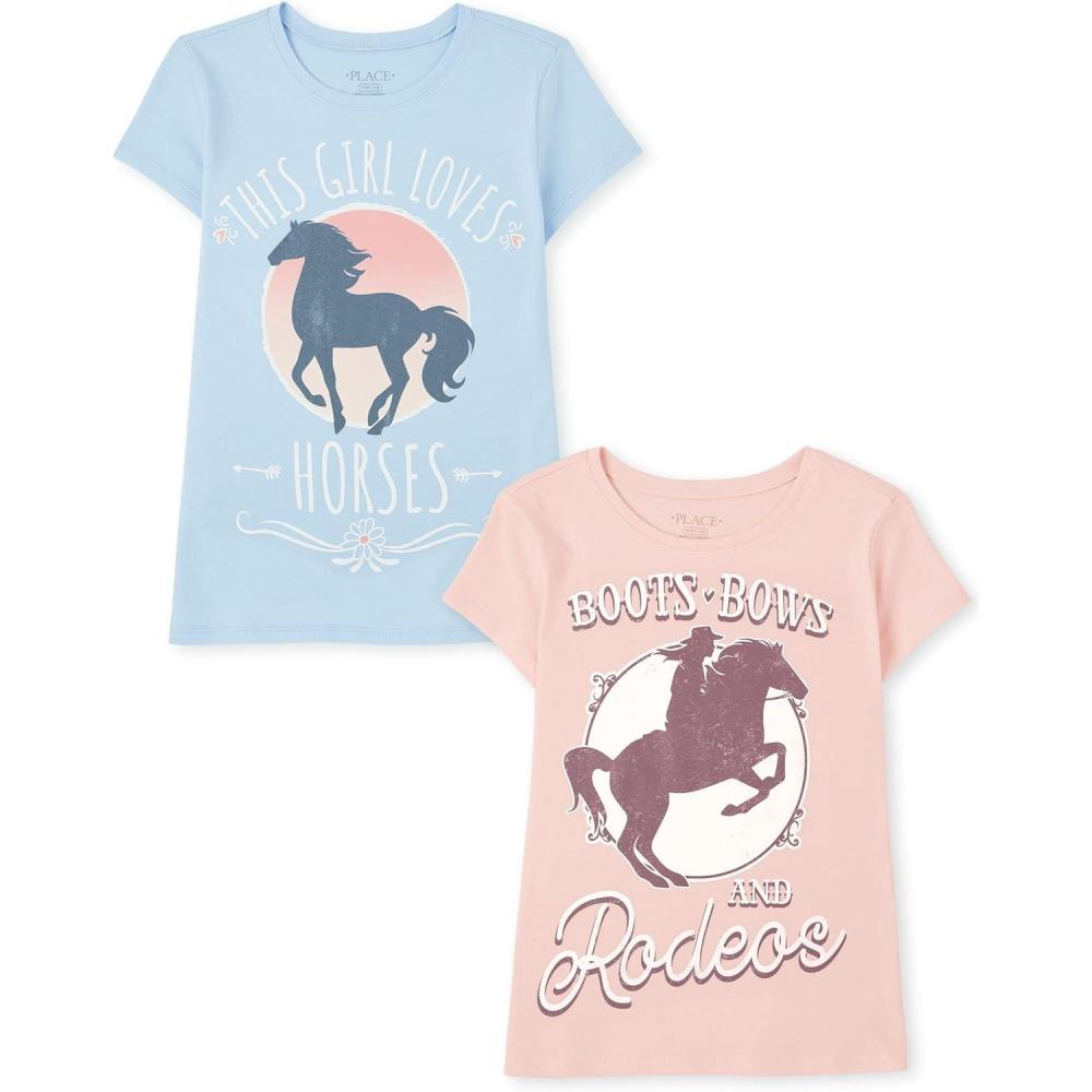 imageThe Childrens Place Girls UnicornsSportsButterflies Short Sleeve Graphic TShirts2 PackBoots BowsLove Horses