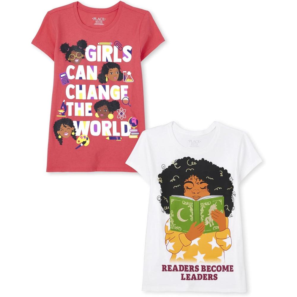 imageThe Childrens Place Girls UnicornsSportsButterflies Short Sleeve Graphic TShirts2 PackGirls Change WorldReaders Leaders