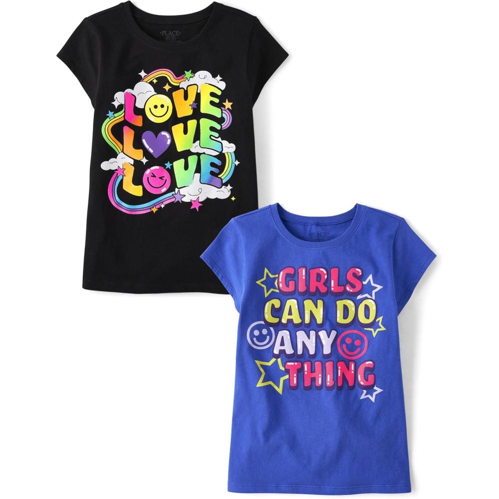 imageThe Childrens Place Girls UnicornsSportsButterflies Short Sleeve Graphic TShirts2 PackLoveCan Do Anything