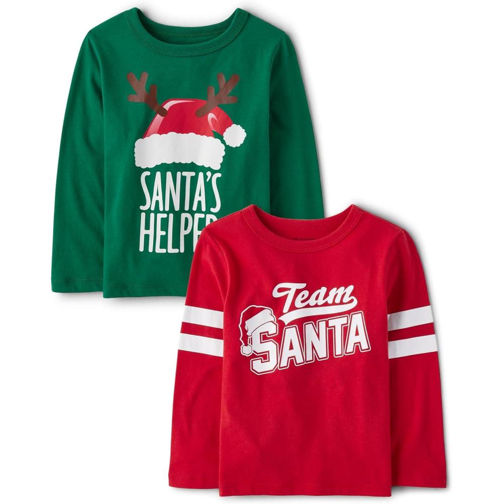 imageThe Childrens Place UnisexBaby and Toddler All HolidaysBirthdays Long Sleeve Graphic TShirts2 PackSanta HelerTeam Santa