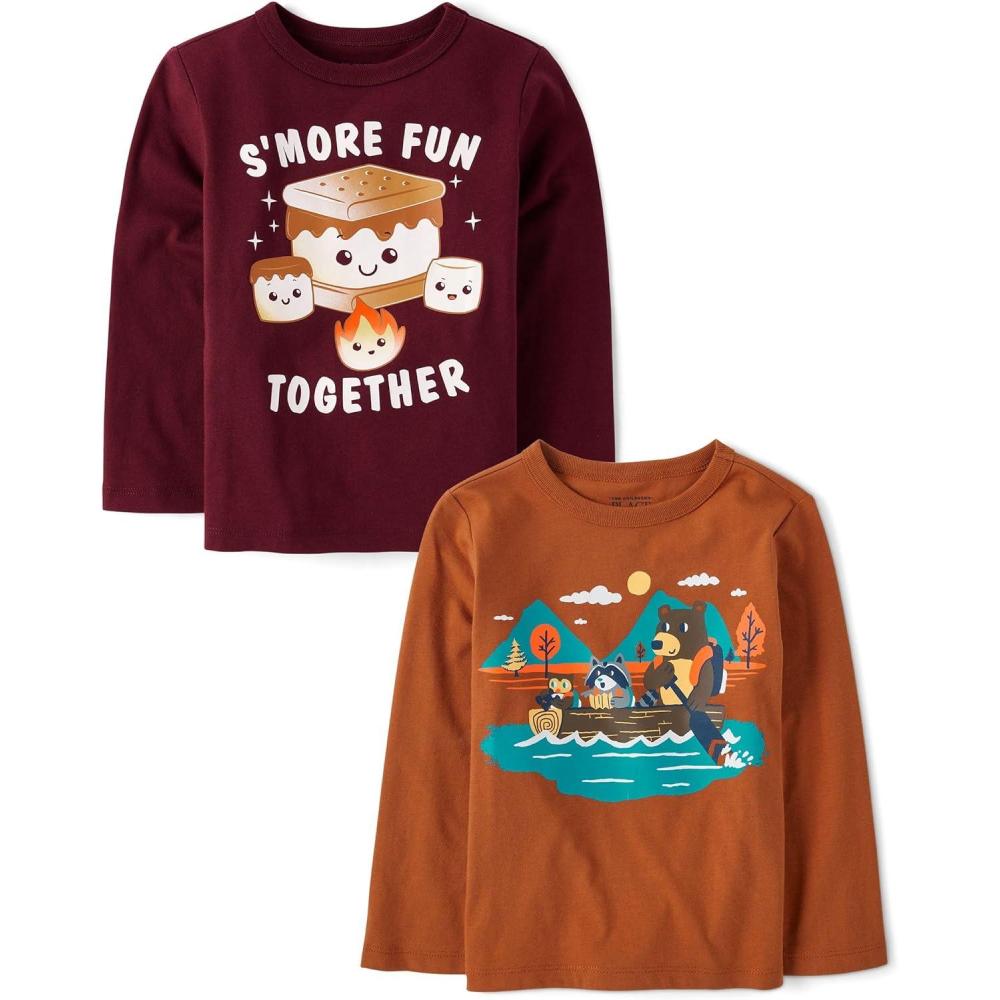 imageThe Childrens Place UnisexBaby and Toddler All HolidaysBirthdays Long Sleeve Graphic TShirts2 PackSmore FunCanoe Animals