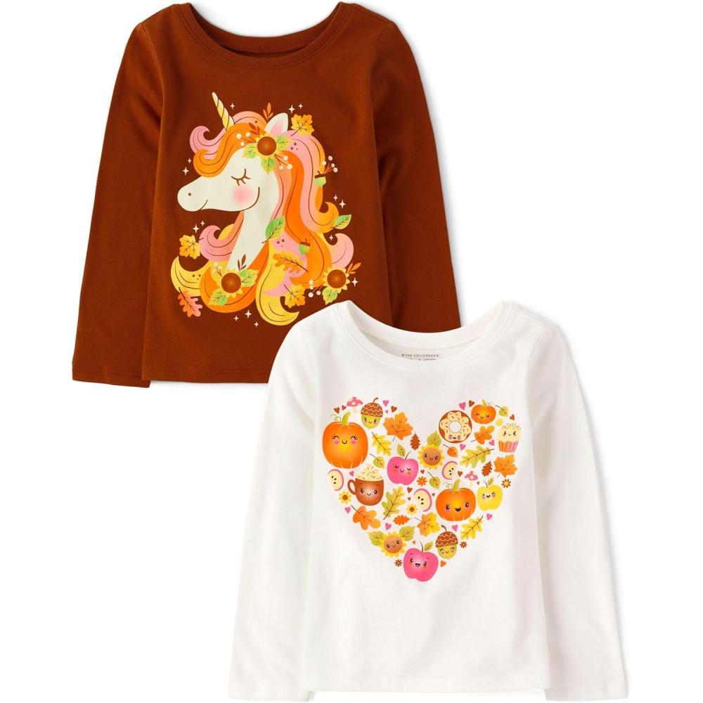 imageThe Childrens Place UnisexBaby and Toddler All HolidaysBirthdays Long Sleeve Graphic TShirts2 PackTurkey HeartUnicorn