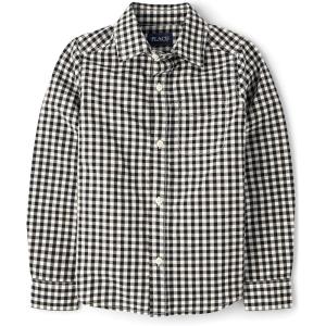The Children’s Place Big Boys’ Long Sleeve Poplin Button Down Shirt(Black Plaid)