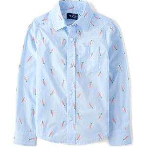 The Children’s Place Big Boys’ Long Sleeve Poplin Button Down Shirt(Blue Carrot Print)