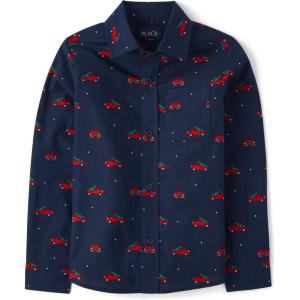The Children’s Place Big Boys’ Long Sleeve Poplin Button Down Shirt(Christmas Truck Print)