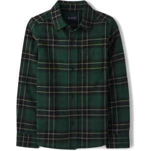 The Children’s Place Big Boys’ Long Sleeve Poplin Button Down Shirt(Green Pine Plaid)