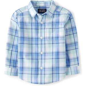 The Children’s Place Big Boys’ Long Sleeve Poplin Button Down Shirt(Mellow Aqua Plaid)