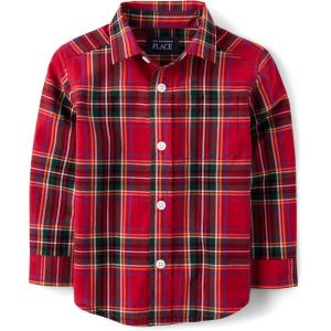 The Children’s Place Big Boys’ Long Sleeve Poplin Button Down Shirt(Red Tartan Print)