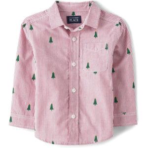The Children’s Place Big Boys’ Long Sleeve Poplin Button Down Shirt(Red Tree Stripe)