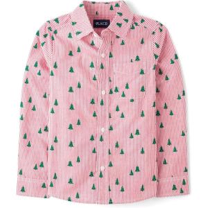 The Children’s Place Big Boys’ Long Sleeve Poplin Button Down Shirt(Red Trees)