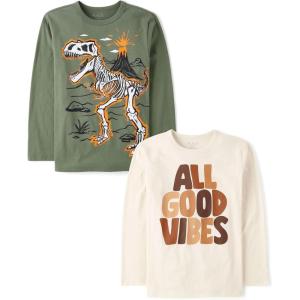 The Children’s Place Boys Gamer,Cars,Sports Long Sleeve Graphic T-Shirts,2 Pack(Good Vibes/Dino Bones)