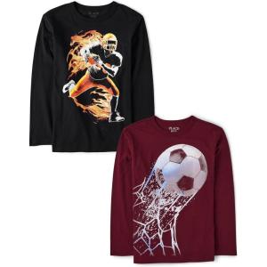 The Children’s Place Boys Gamer,Cars,Sports Long Sleeve Graphic T-Shirts,2 Pack(Soccer Ball/Football Player Flame)