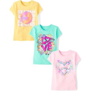 The Children’s Place Girls Sports,Trends,Icons Short Sleeve Graphic T-Shirts,3 Pack(Be Kind/Love/Rainbow Heart)