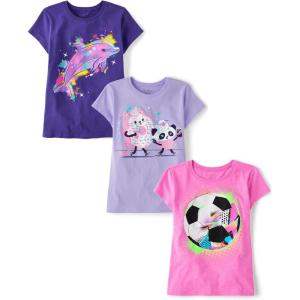 The Children’s Place Girls Sports,Trends,Icons Short Sleeve Graphic T-Shirts,3 Pack(Dolphin/Pandas/Soccer Ball)