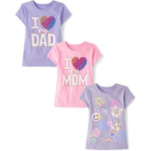 The Children’s Place Girls Sports,Trends,Icons Short Sleeve Graphic T-Shirts,3 Pack(Doodles/Heart Mom/Heart Dad)