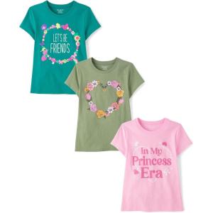The Children’s Place Girls Sports,Trends,Icons Short Sleeve Graphic T-Shirts,3 Pack(Friends/Floral Heart/Princess Era)