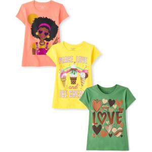 The Children’s Place Girls Sports,Trends,Icons Short Sleeve Graphic T-Shirts,3 Pack(Love Ice Cream/Girl Peace/Love)