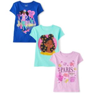The Children’s Place Girls Sports,Trends,Icons Short Sleeve Graphic T-Shirts,3 Pack(Paris/Nyc/Flower Girl)