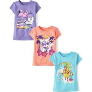 The Children’s Place Girls Sports,Trends,Icons Short Sleeve Graphic T-Shirts,3 Pack(Pineapple/Cat Pool/Cat Drink)