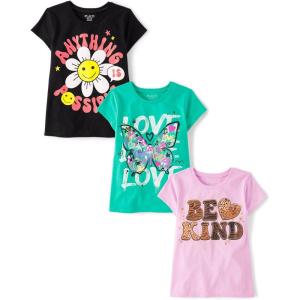 The Children’s Place Girls Sports,Trends,Icons Short Sleeve Graphic T-Shirts,3 Pack(Possible/Love/Be Kind)