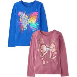 The Children’s Place Girls Unicorns,Sports,Butterflies Long Sleeve Graphic T-Shirts,2 Pack(Bow Heart/Rainbow Butterfly)