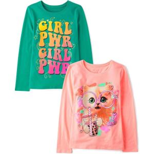 The Children’s Place Girls Unicorns,Sports,Butterflies Long Sleeve Graphic T-Shirts,2 Pack(Cat Glasses/Girl Pwr)