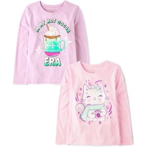 The Children’s Place Girls Unicorns,Sports,Butterflies Long Sleeve Graphic T-Shirts,2 Pack(Hot Cocoa Era/Cat Mug)